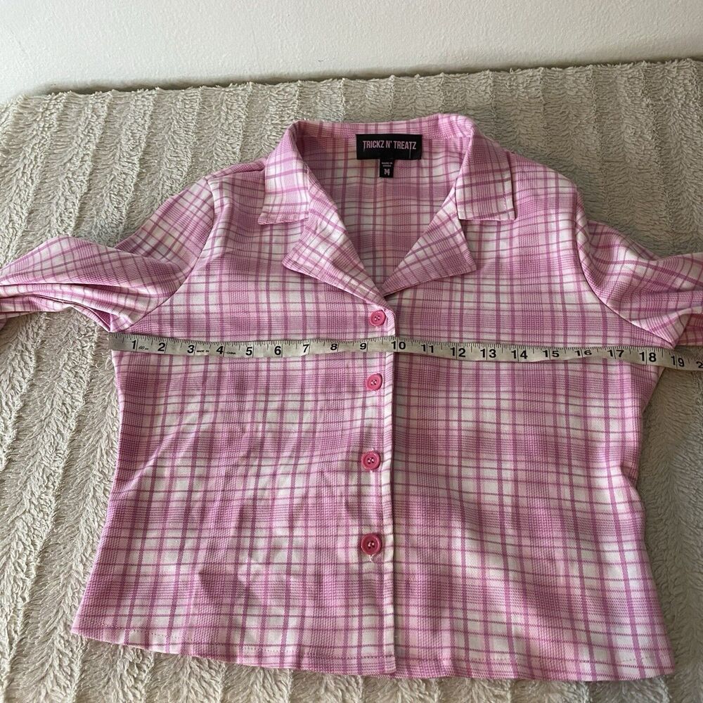 Dolls Kill Tricks N Treatz‎ Pink Plaid Button Up V-Neck Collared Shirt Blazer - Picture 7 of 11